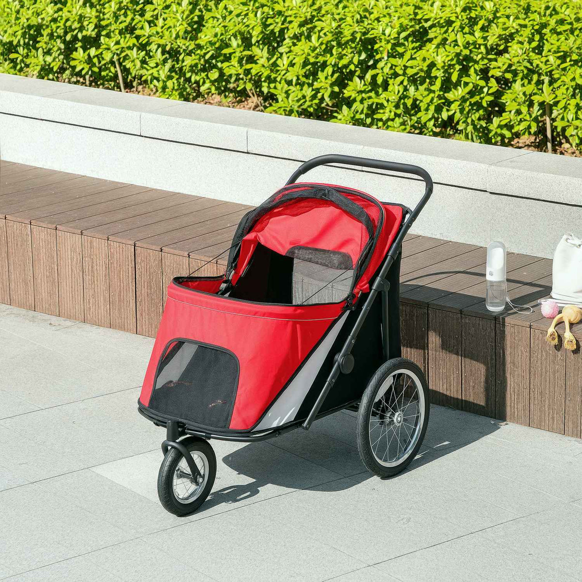 Dog buggy, foldable, with reclining cushion, steel frame, red/black