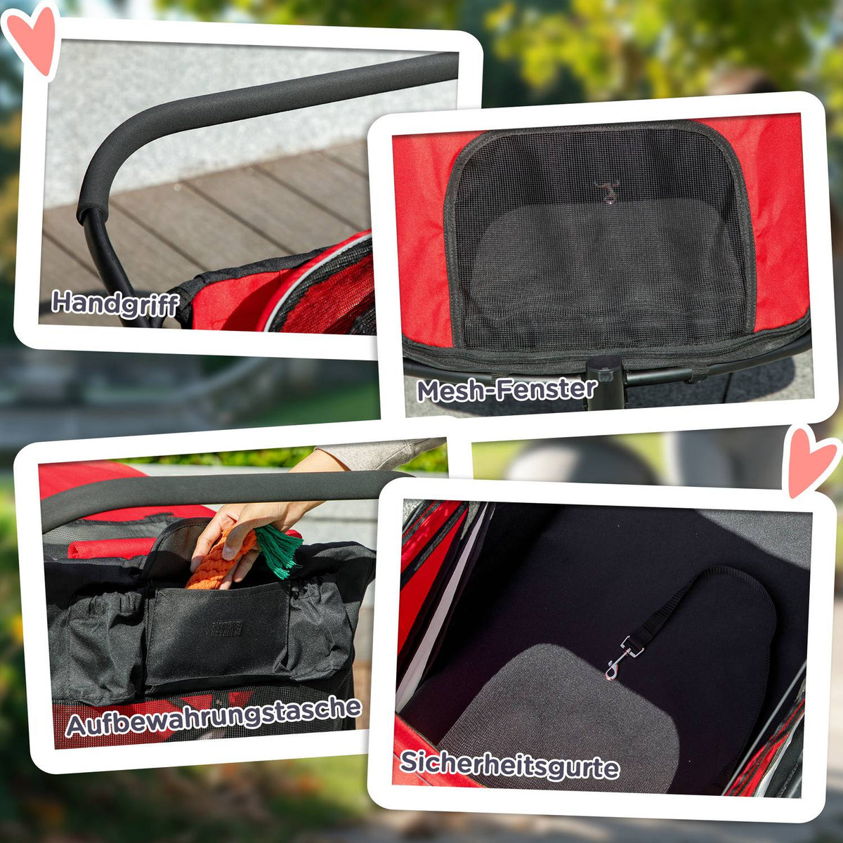 Dog buggy, foldable, with reclining cushion, steel frame, red/black