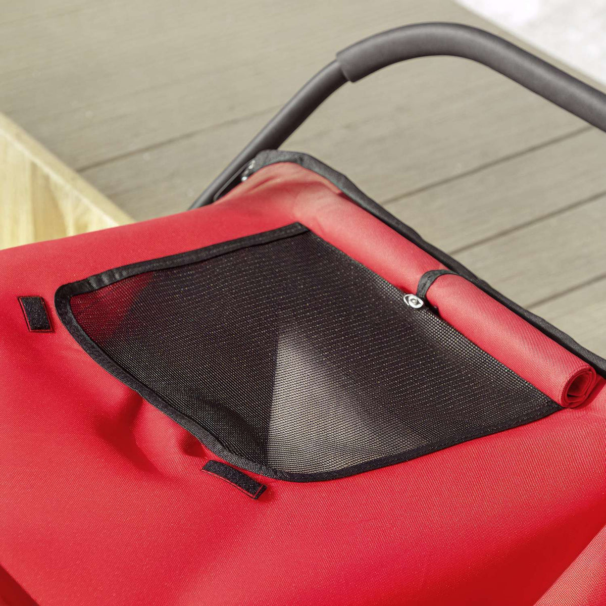 Dog buggy, foldable, with reclining cushion, steel frame, red/black