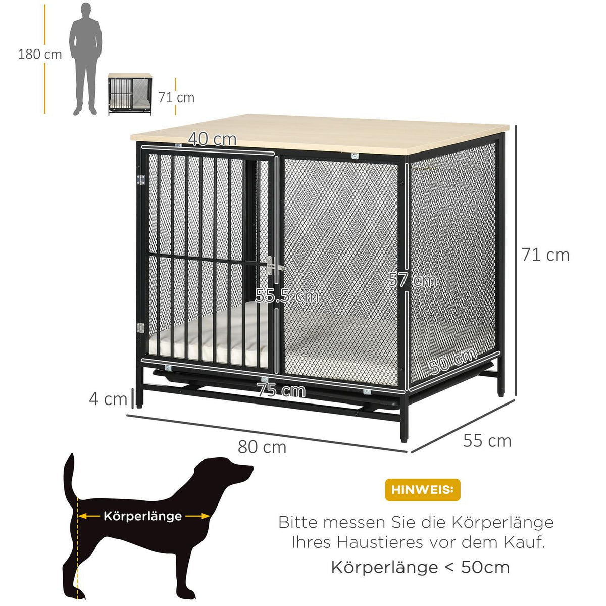 Dog cage, dog house with table top, dog house with cushion, pull-out floor tray, dog box, oak + black, 80 x 55 x 71 cm
