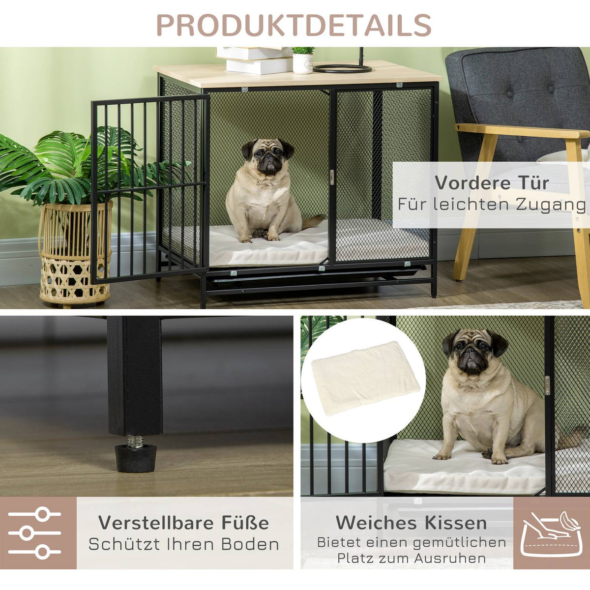Dog cage, dog house with table top, dog house with cushion, pull-out floor tray, dog box, oak + black, 80 x 55 x 71 cm