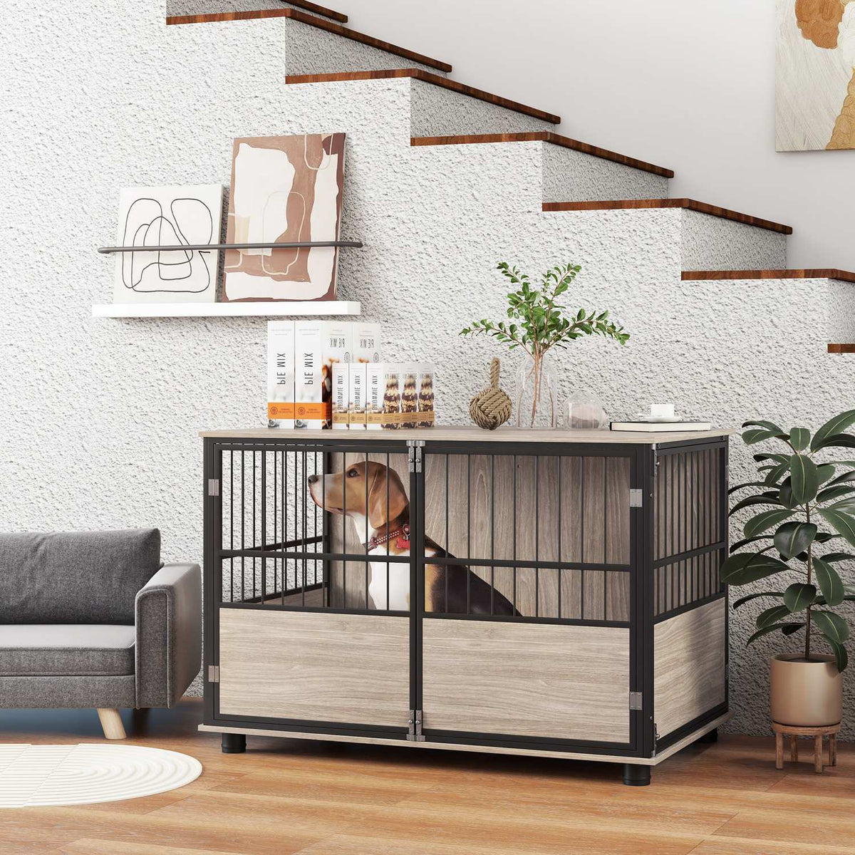 Dog cage for home, dog house, non-slip pet cage, dog box with doors, dog house for up to large dogs, walnut, 100x60x68cm