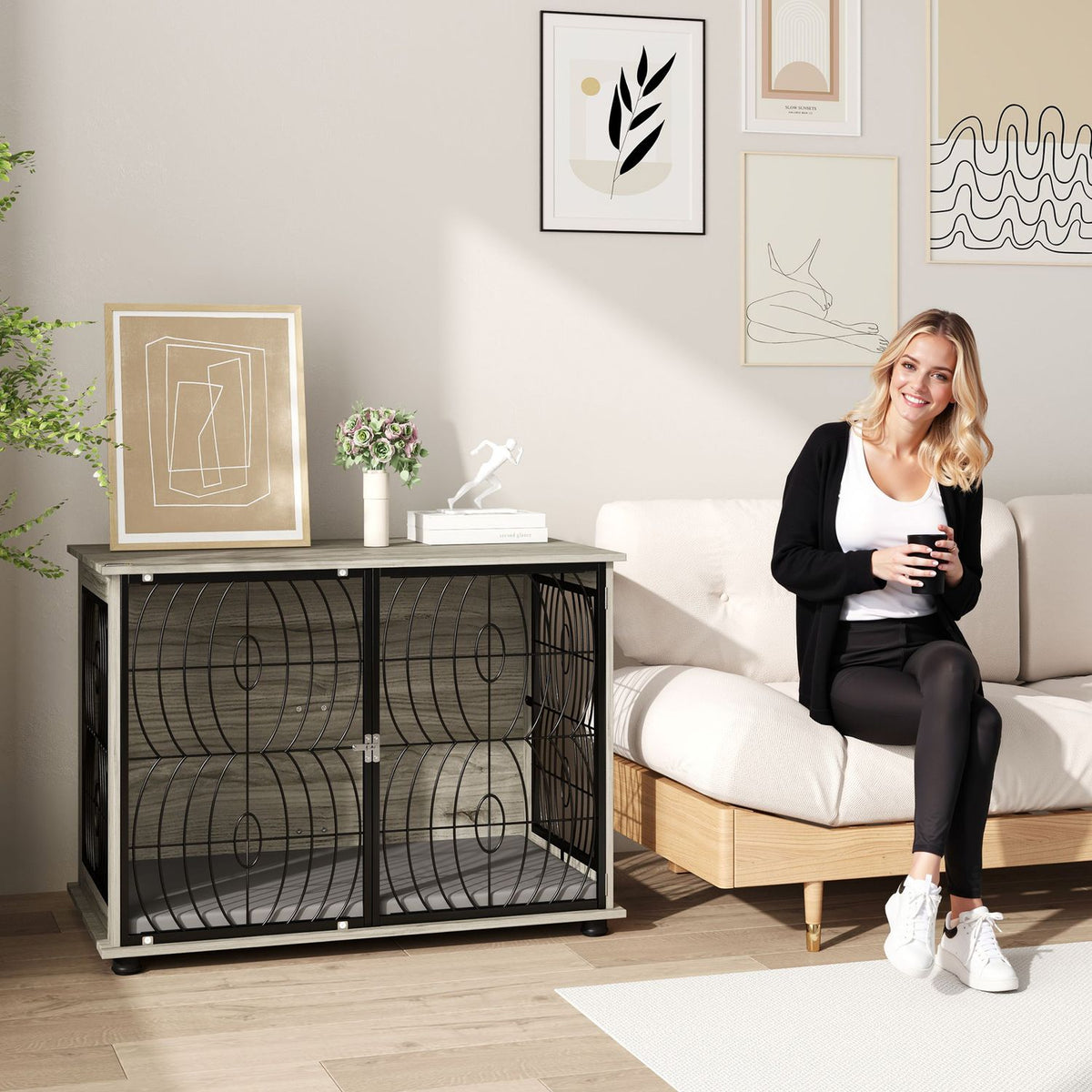 Dog cage for home, dog kennel, indoor pet cage with cushion, dog house with window, dog crate for large dogs, gray, 100 x 60 x 73.5 cm |