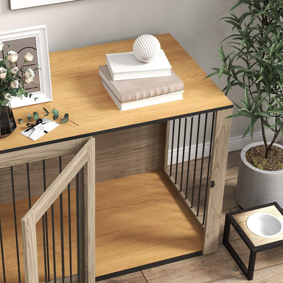 Dog cage furniture, dog box with door and window, side table for home, dog house for large dogs under 30 kg, steel, 106 x 60 x 76 cm, oak