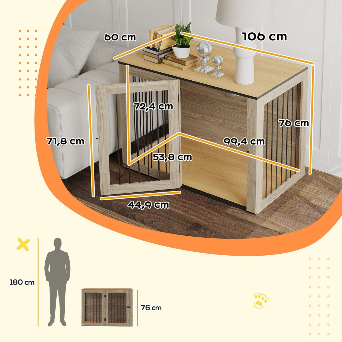 Dog cage furniture, dog box with door and window, side table for home, dog house for large dogs under 30 kg, steel, 106 x 60 x 76 cm, oak