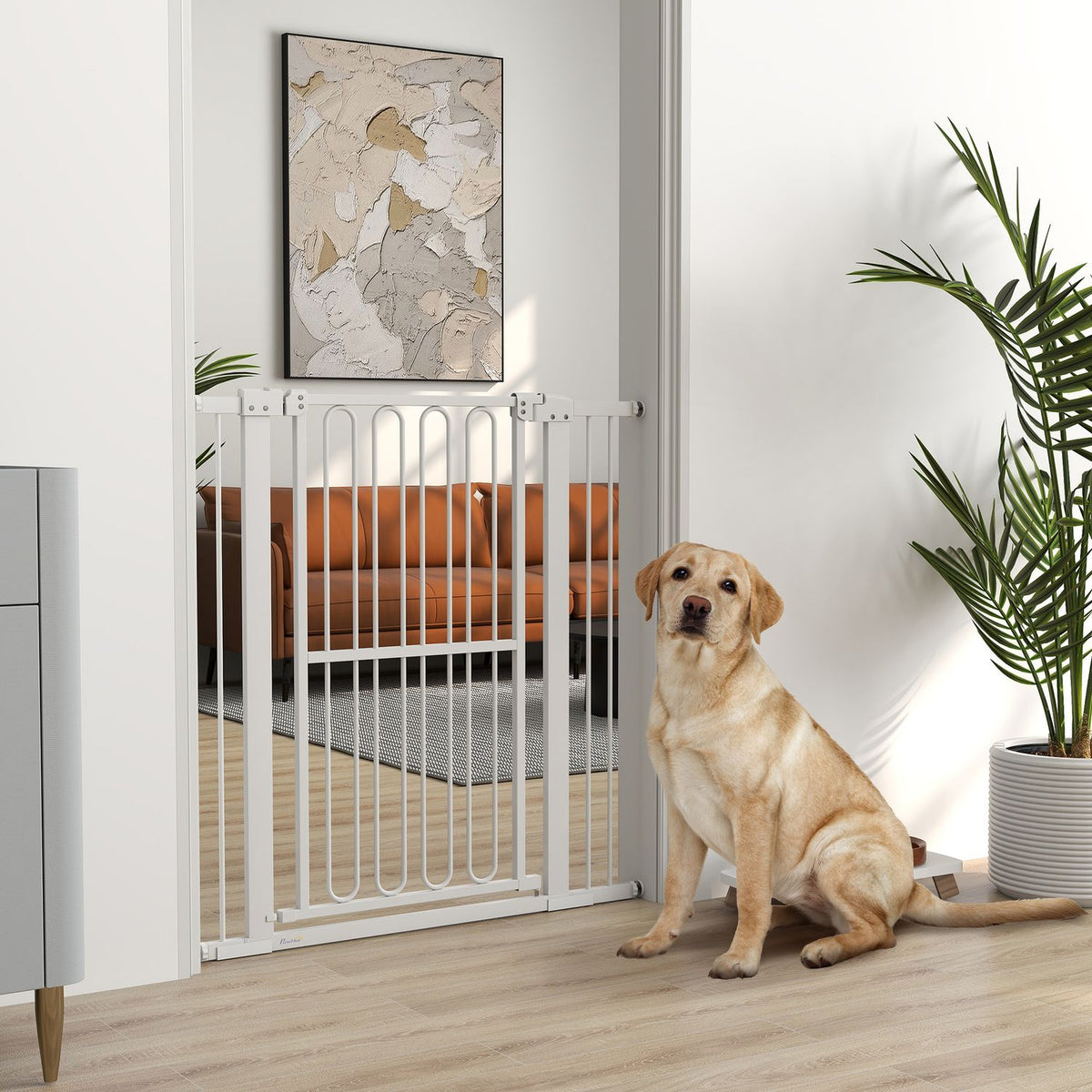 Dog door safety gate, 76-104 cm barrier without drilling, steel stair gate, stair gate, safety gate, safety gate for stairs, door, hallway, white