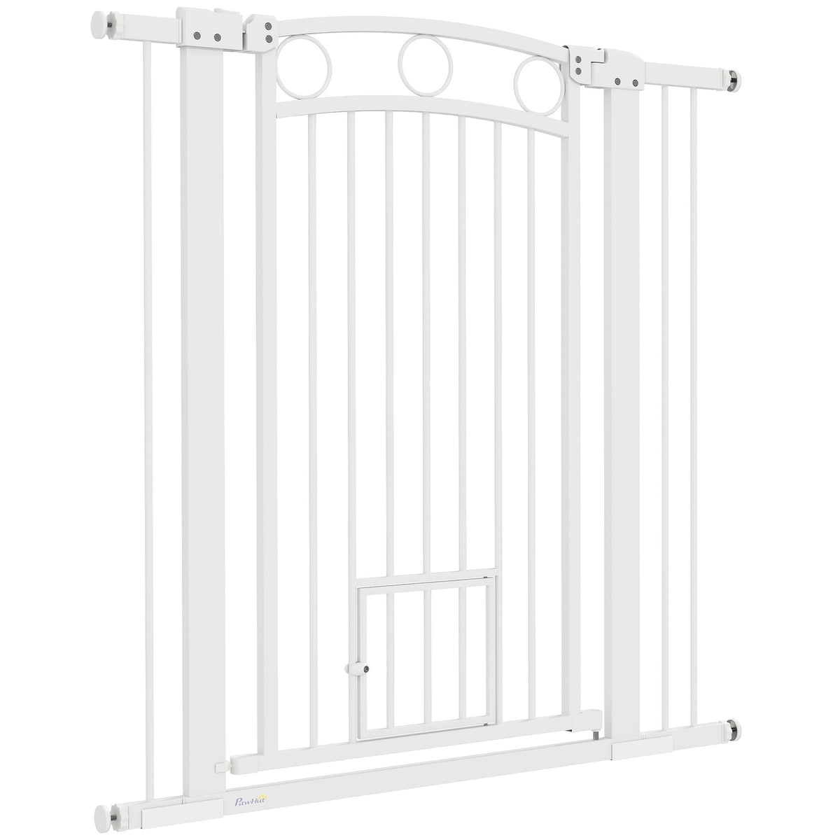 Dog door safety gate, 76-104 cm barrier without drilling, steel stair gate, stair gate with cat door, protective gate, safety gate for stairs, door, hallway, white