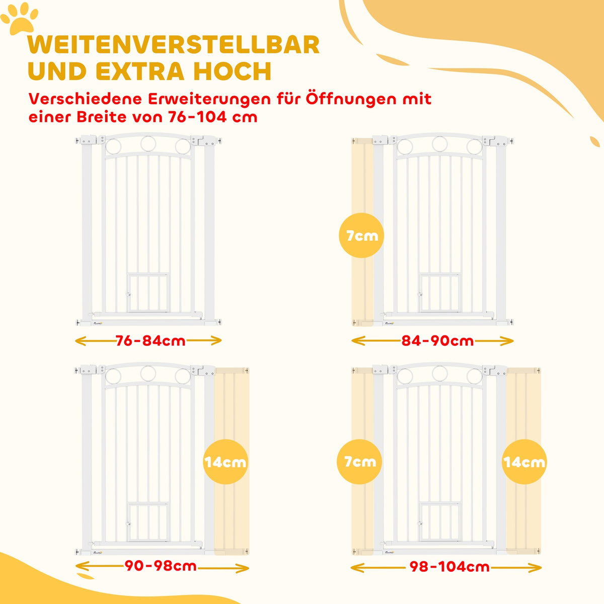 Dog door safety gate, 76-104 cm barrier without drilling, steel stair gate, stair gate with cat door, protective gate, safety gate for stairs, door, hallway, white