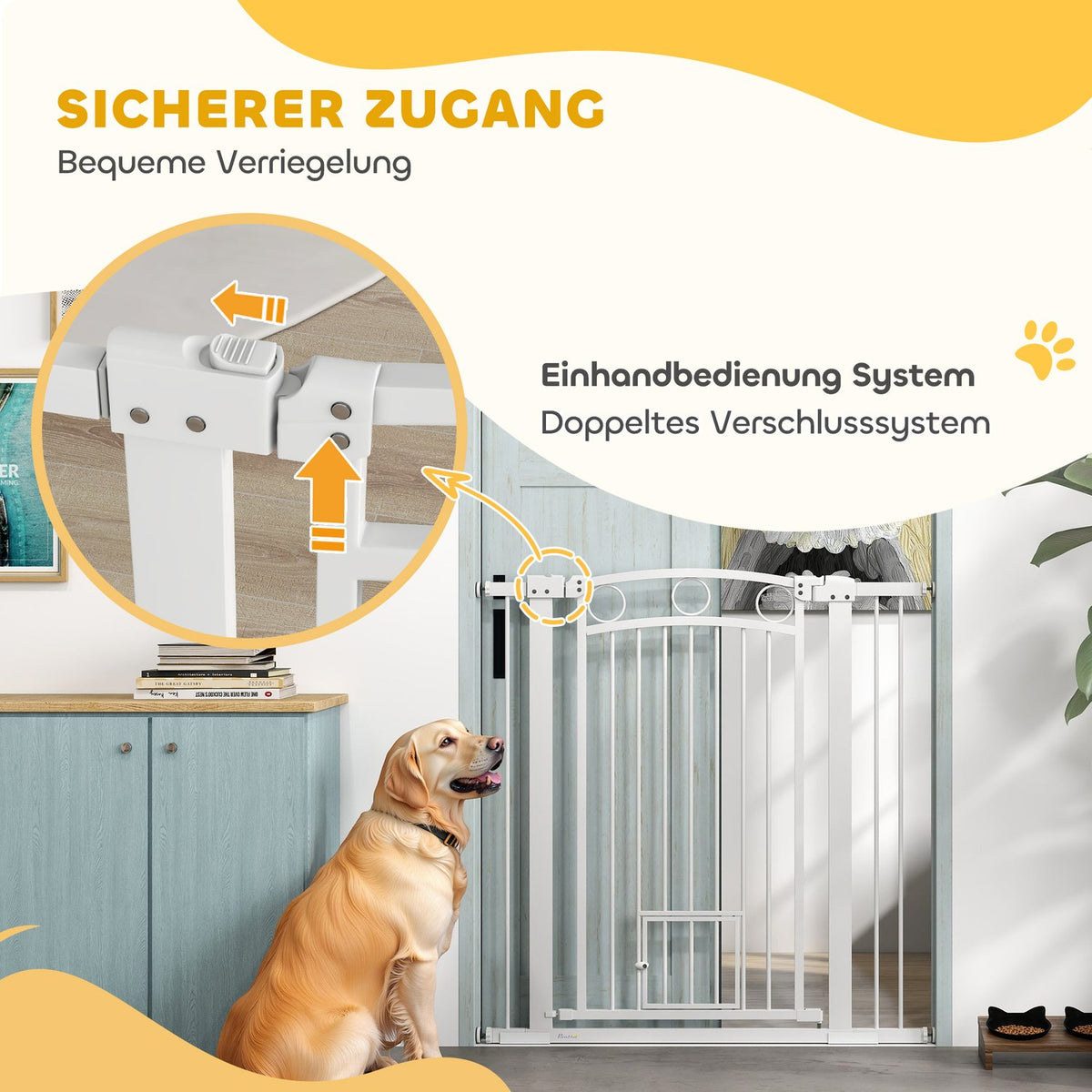 Dog door safety gate, 76-104 cm barrier without drilling, steel stair gate, stair gate with cat door, protective gate, safety gate for stairs, door, hallway, white