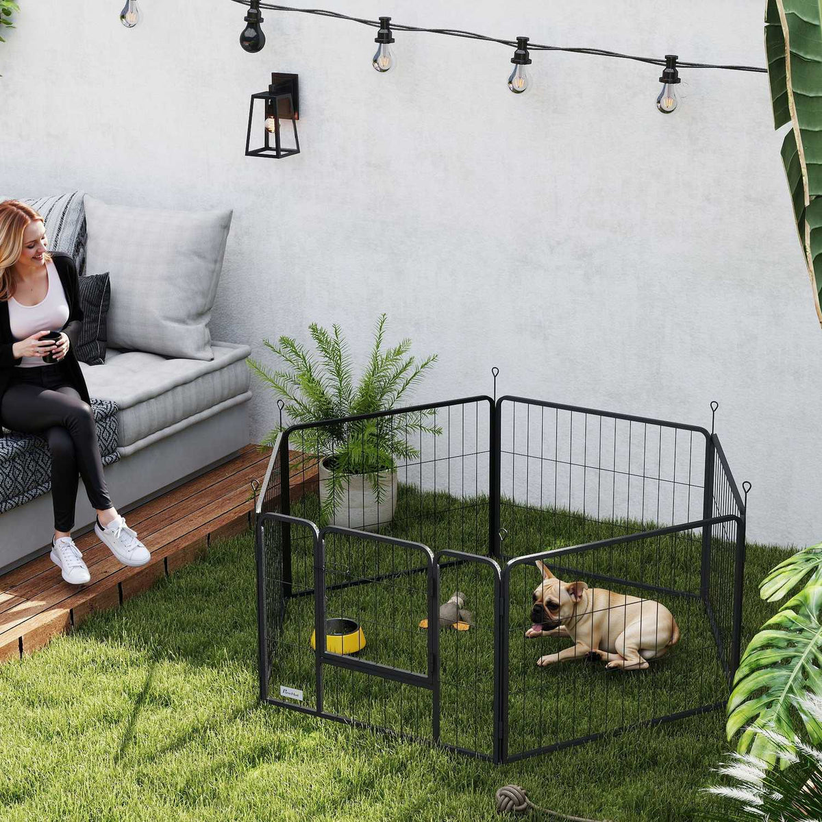 Dog fence, pet enclosure, 6 panels, steel, foldable, grey