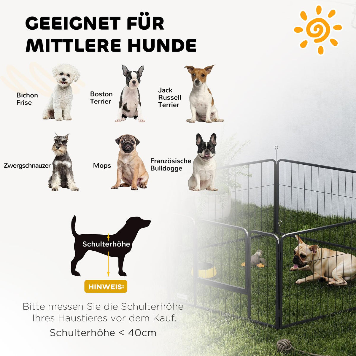 Dog fence, pet enclosure, 6 panels, steel, foldable, grey