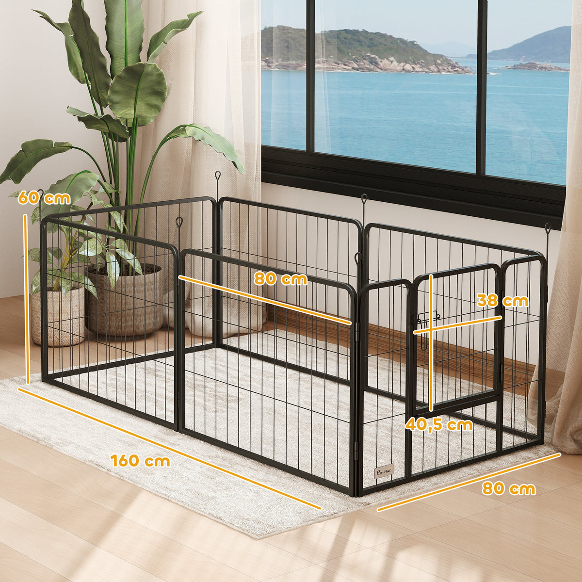 Dog fence, pet enclosure, 6 panels, steel, foldable, grey