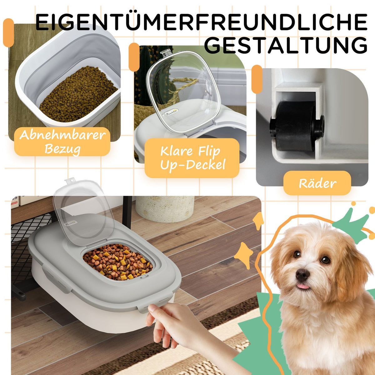 Dog food storage, 25L, 44x32x37cm, foldable, with 4-sided lid, wheels, bowls, measuring cup, scoop, plastic, gray