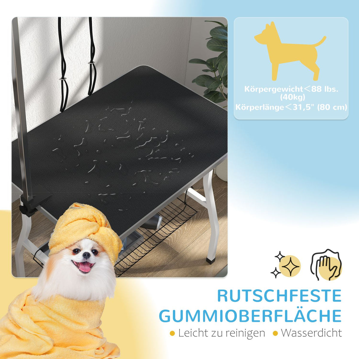 Dog grooming table, height-adjustable trimming table for dogs, foldable shearing table, pet grooming table with mesh basket, slings, for hair drying, hair cutting, load capacity up to 40kg Black+White