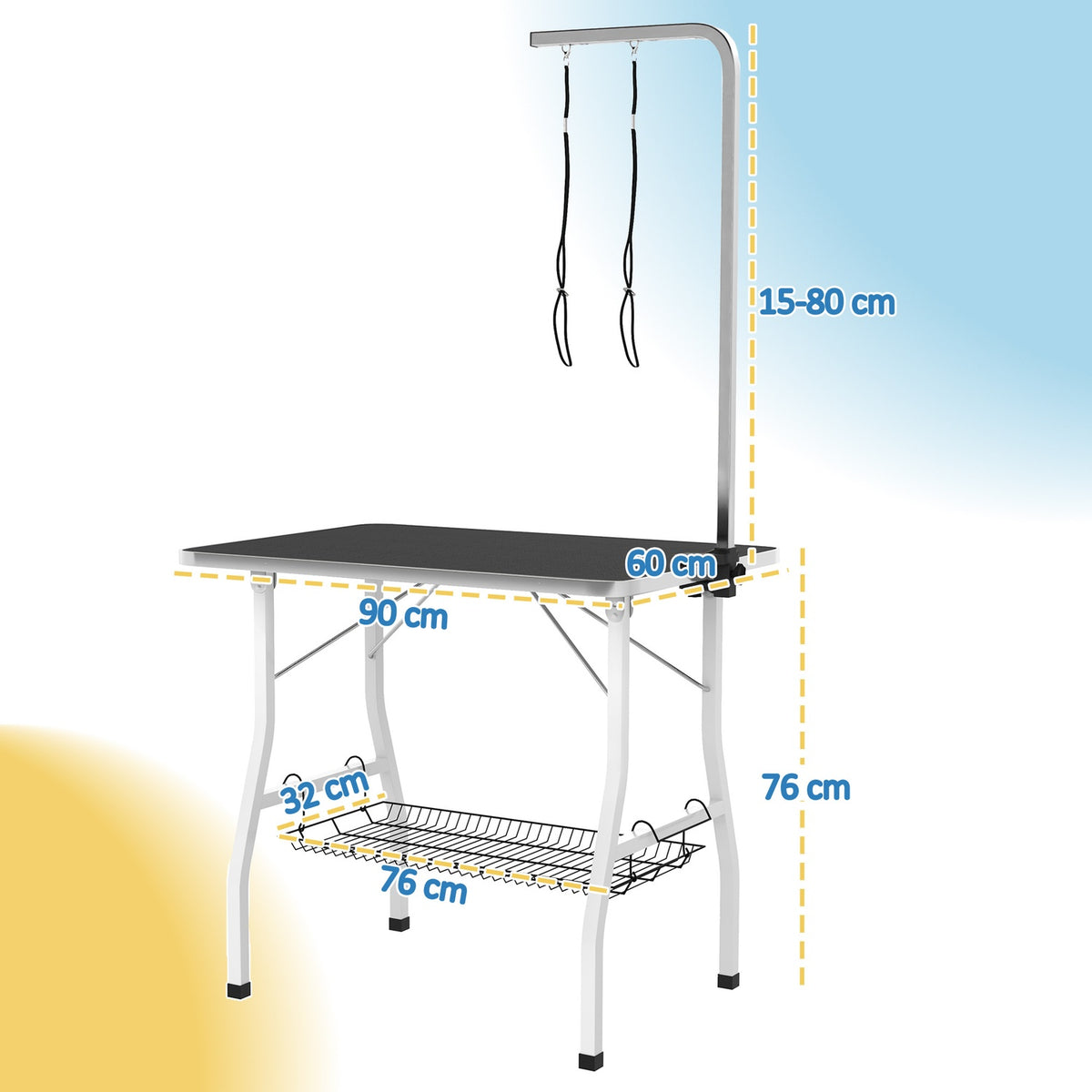 Dog grooming table, height-adjustable trimming table for dogs, foldable shearing table, pet grooming table with mesh basket, slings, for hair drying, hair cutting, load capacity up to 40kg Black+White