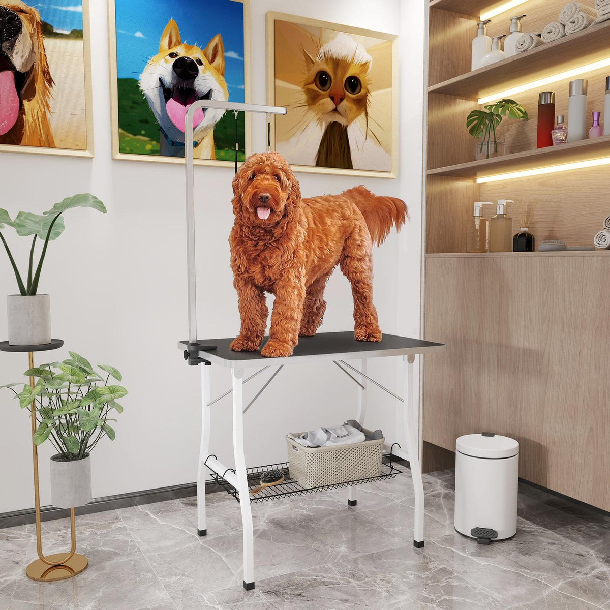 Dog grooming table, height-adjustable trimming table for dogs, foldable shearing table, pet grooming table with mesh basket, slings, for hair drying, hair cutting, load capacity up to 40kg Black+White