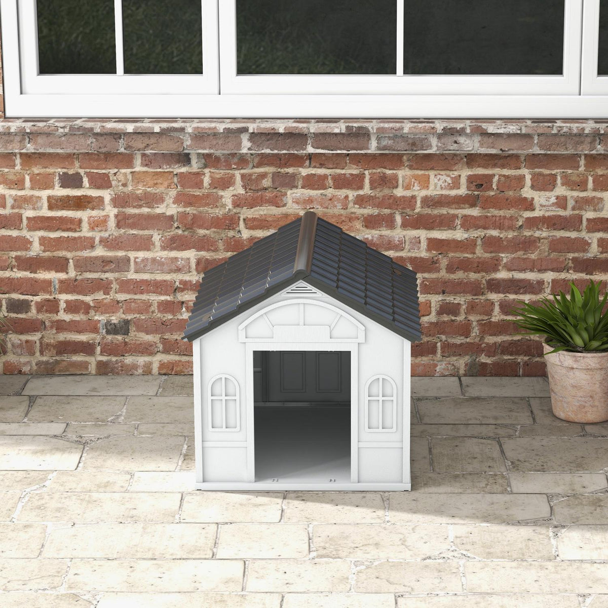 Dog house, dog house with gable roof, weatherproof small animal house for medium-sized dogs under 20 kg, outdoor dog house, 65 x 75.7 x 63 cm, gray
