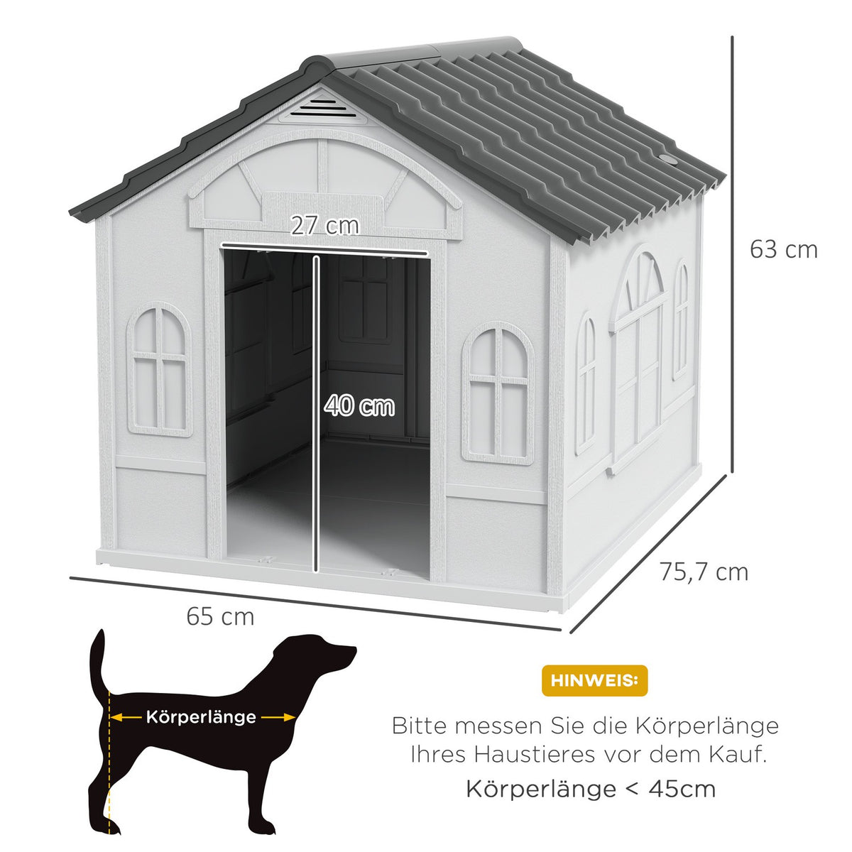 Dog house, dog house with gable roof, weatherproof small animal house for medium-sized dogs under 20 kg, outdoor dog house, 65 x 75.7 x 63 cm, gray