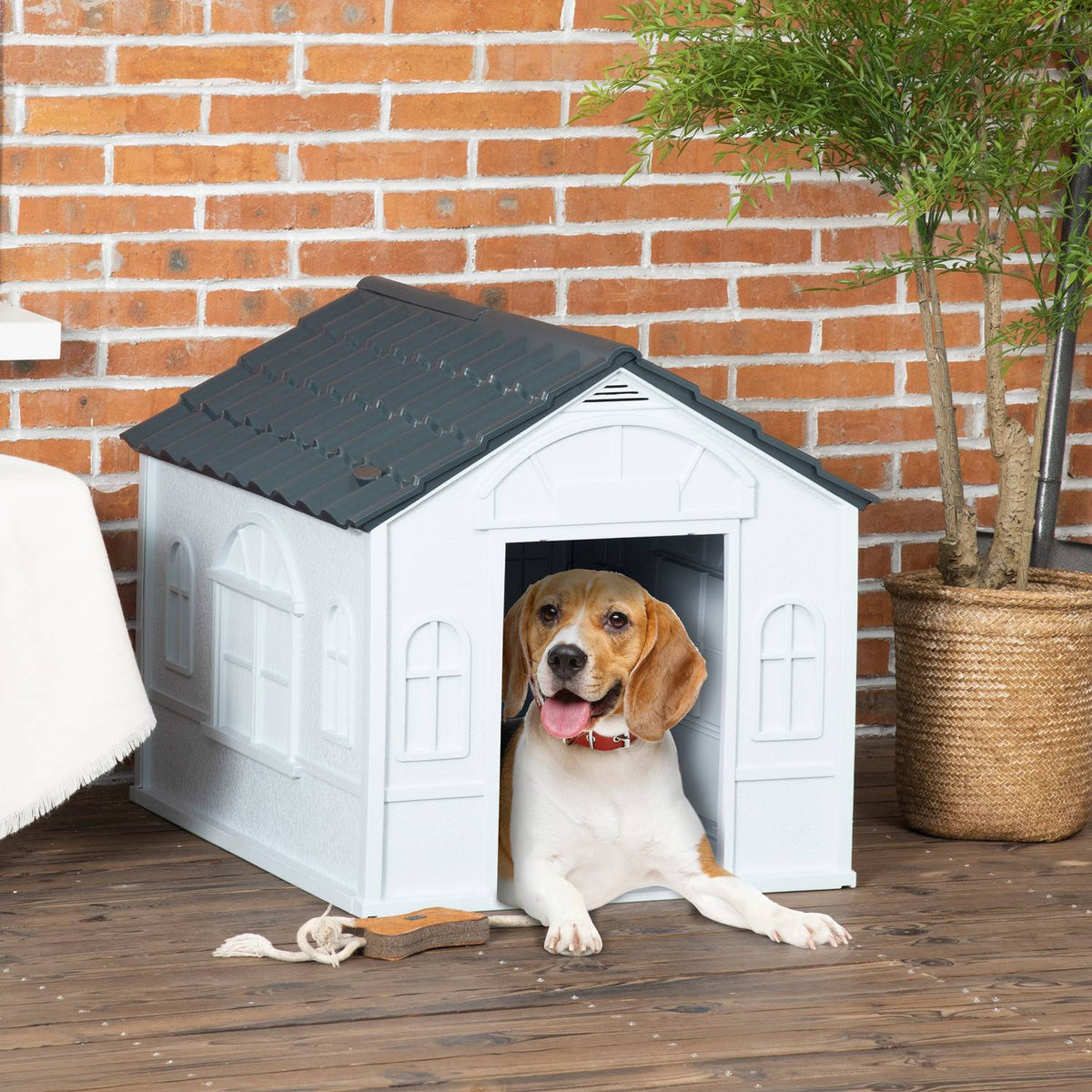 Dog house, dog house with gable roof, weatherproof small animal house for medium-sized dogs under 20 kg, outdoor dog house, 65 x 75.7 x 63 cm, gray