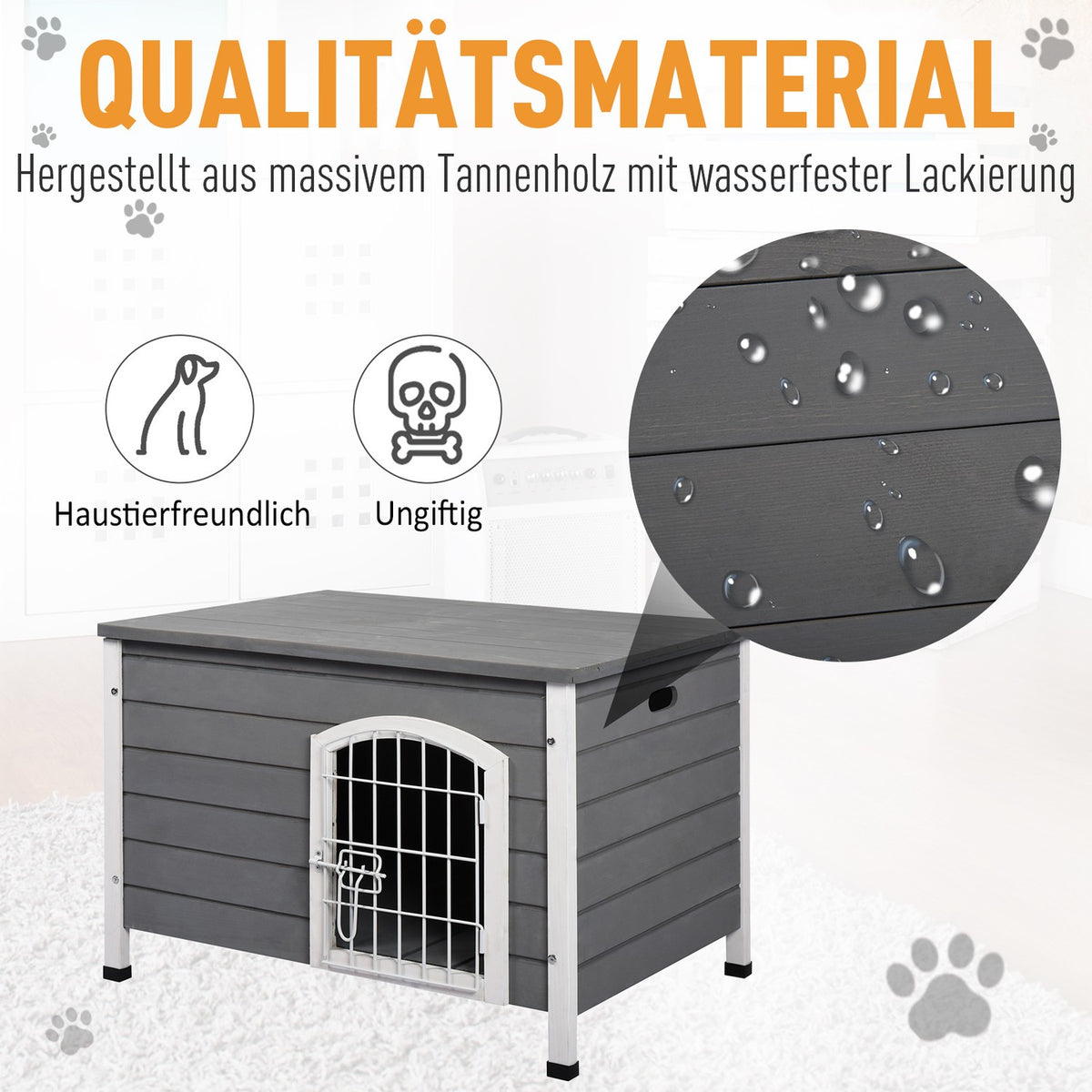 Dog house, waterproof dog house with door, mesh box for outdoor use, fir, grey, 80x55x53.5 cm