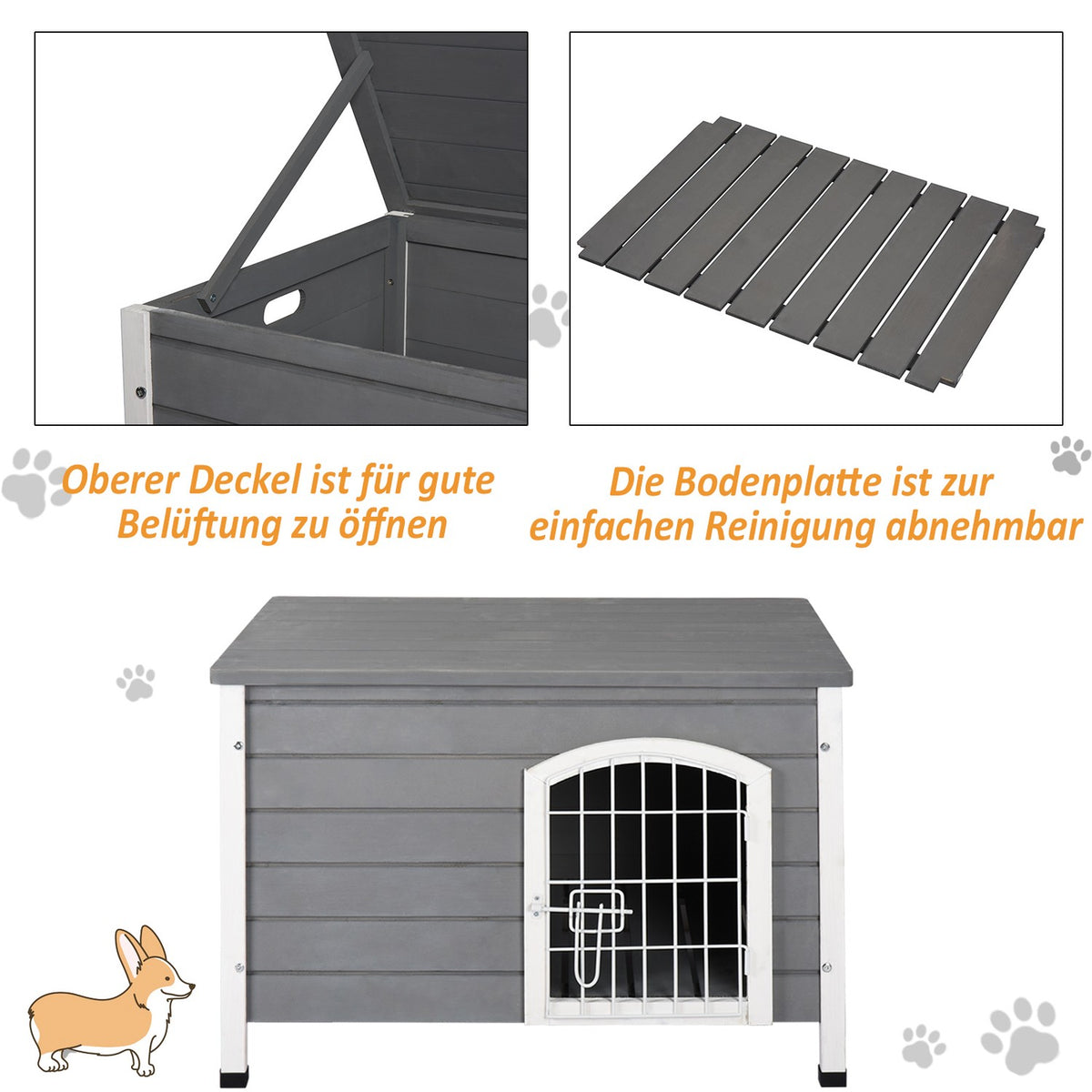 Dog house, waterproof dog house with door, mesh box for outdoor use, fir, grey, 80x55x53.5 cm
