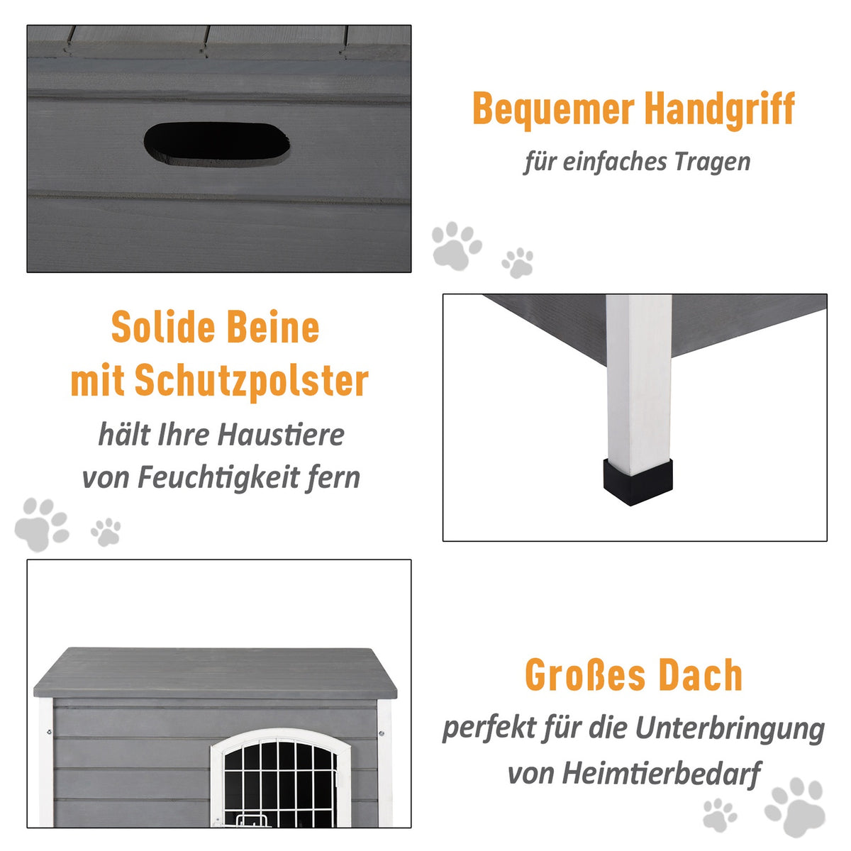 Dog house, waterproof dog house with door, mesh box for outdoor use, fir, grey, 80x55x53.5 cm
