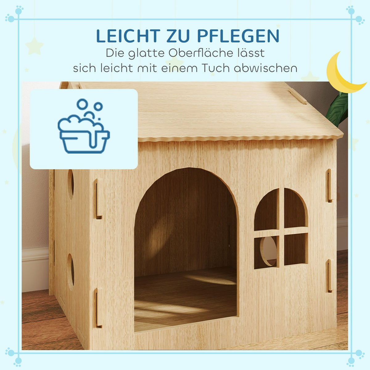 Dog house with window, cat house with cute paw design, assembly without screws, for small dogs under 4 kg, indoor, 49.5 x 41 x 51 cm, oak