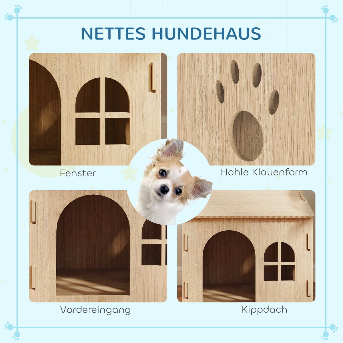Dog house with window, cat house with cute paw design, assembly without screws, for small dogs under 4 kg, indoor, 49.5 x 41 x 51 cm, oak