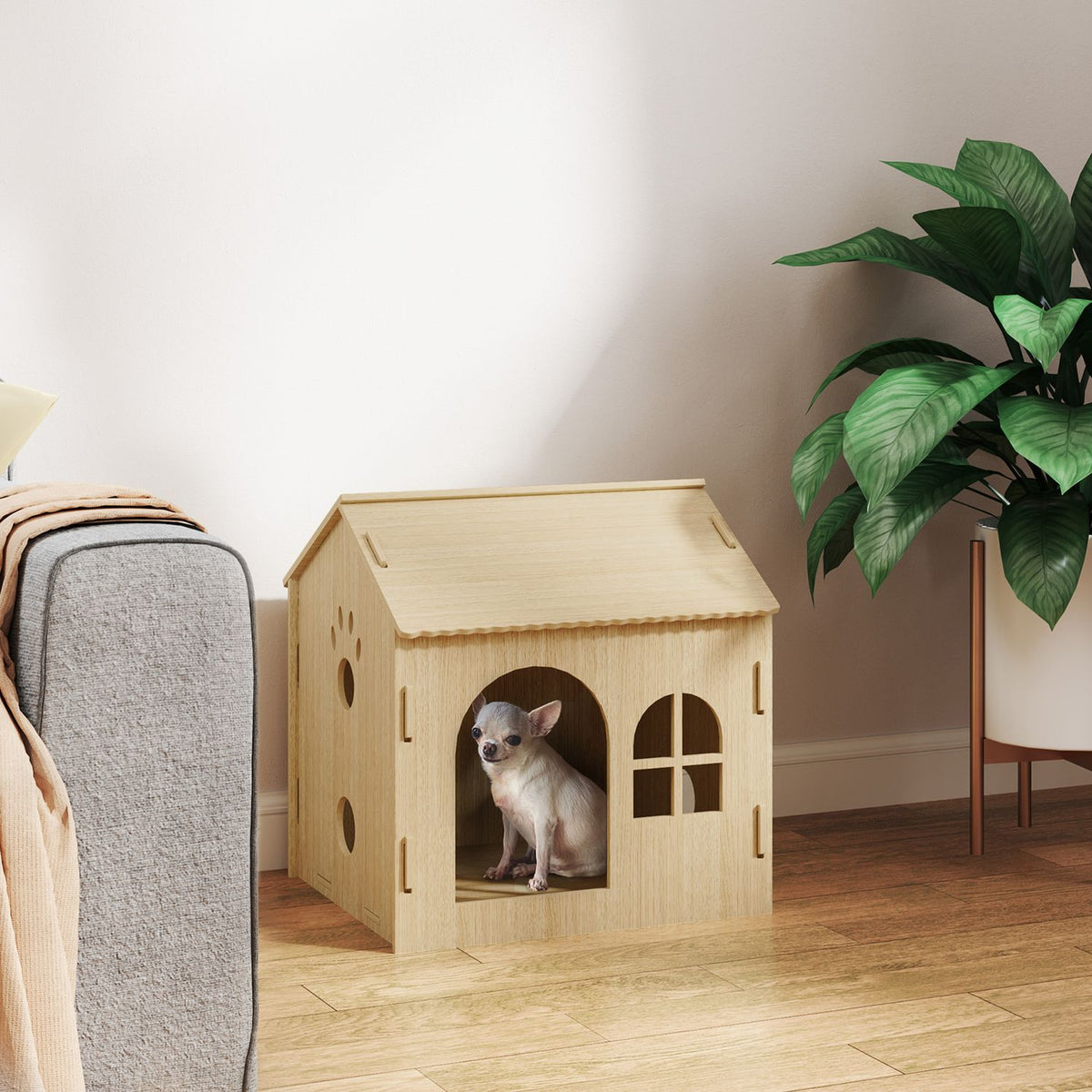 Dog house with window, cat house with cute paw design, assembly without screws, for small dogs under 4 kg, indoor, 49.5 x 41 x 51 cm, oak
