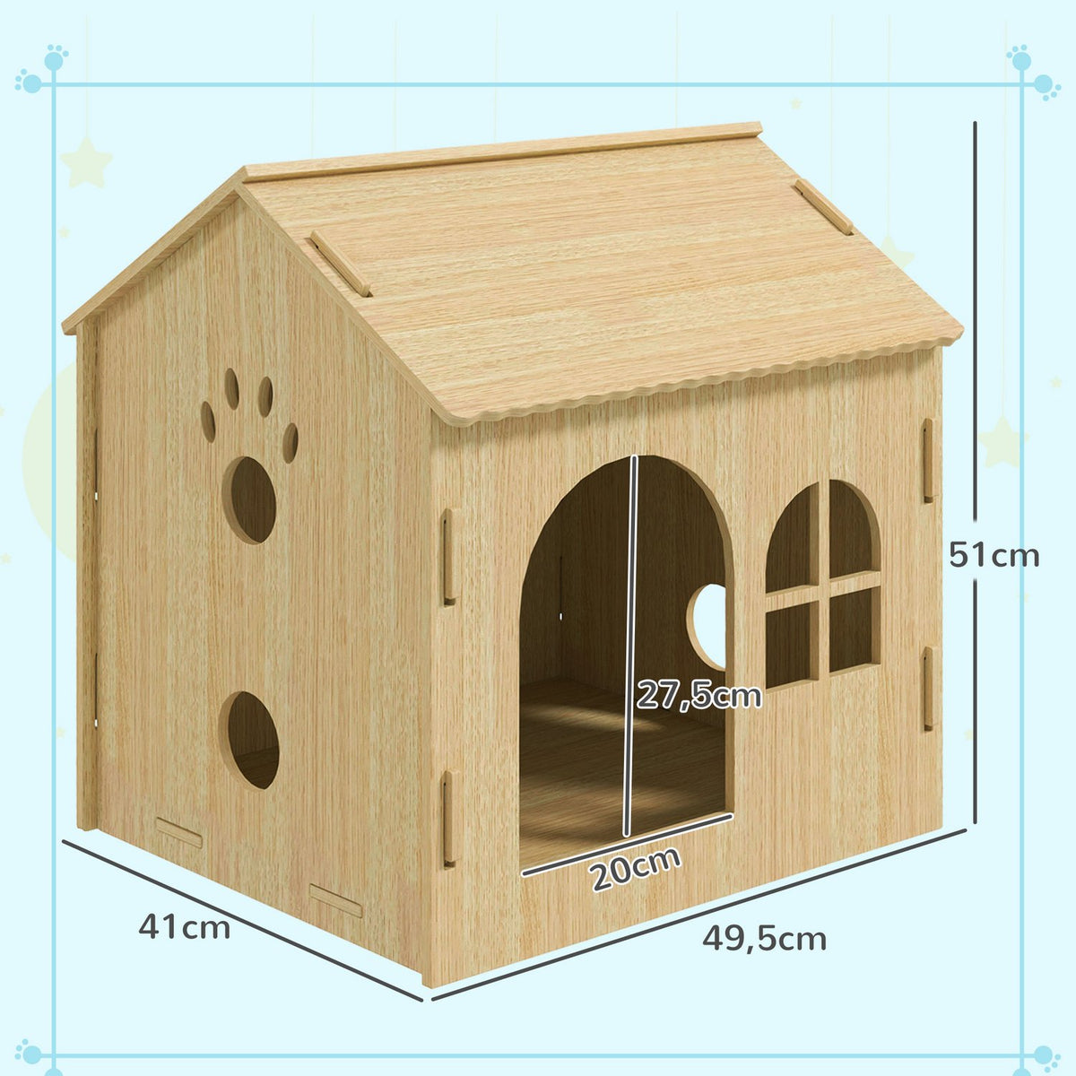 Dog house with window, cat house with cute paw design, assembly without screws, for small dogs under 4 kg, indoor, 49.5 x 41 x 51 cm, oak