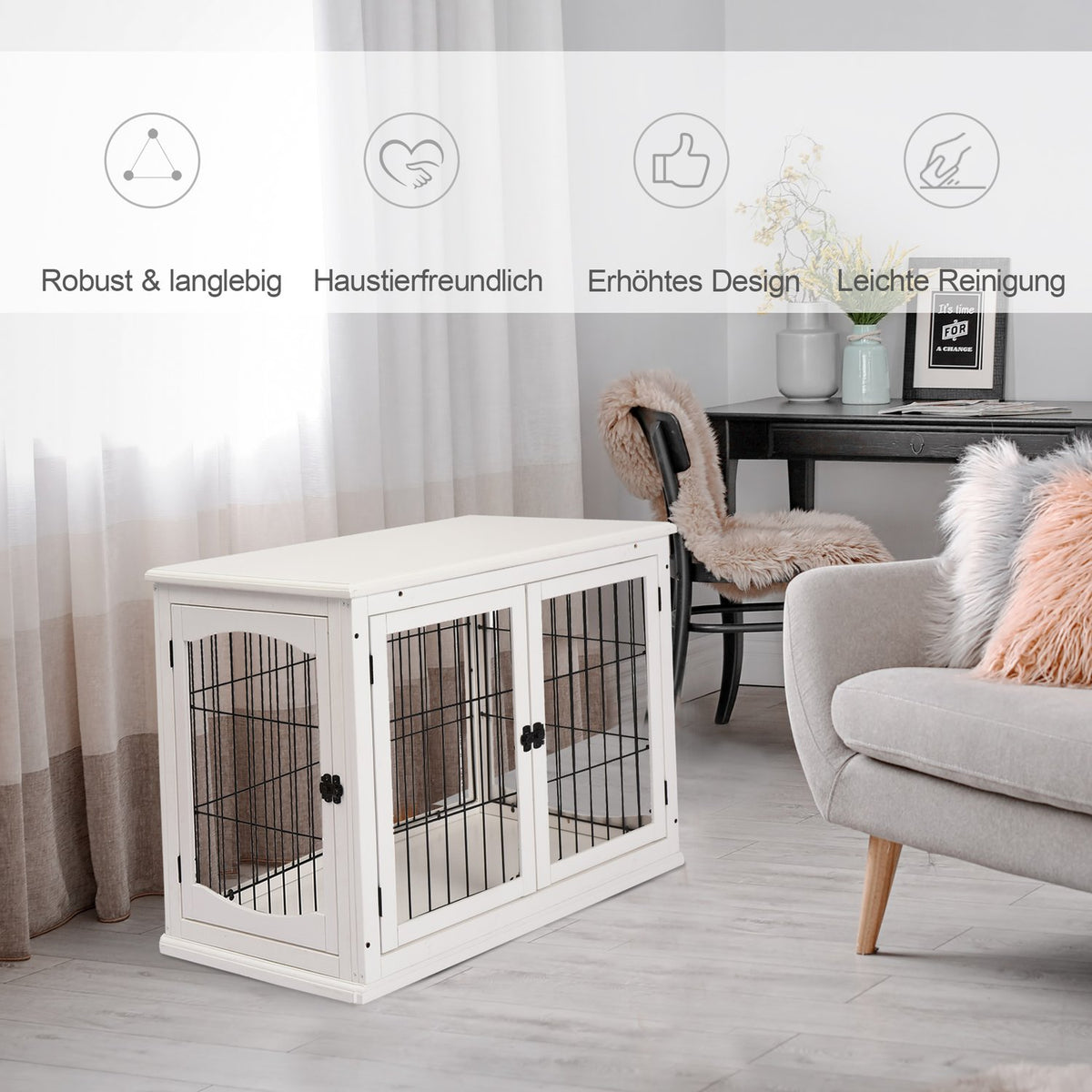 Dog kennel dog house transport box small animal cage for indoor use dog box animal cage pet MDF metal white 81 x 58.5 x 66 cm