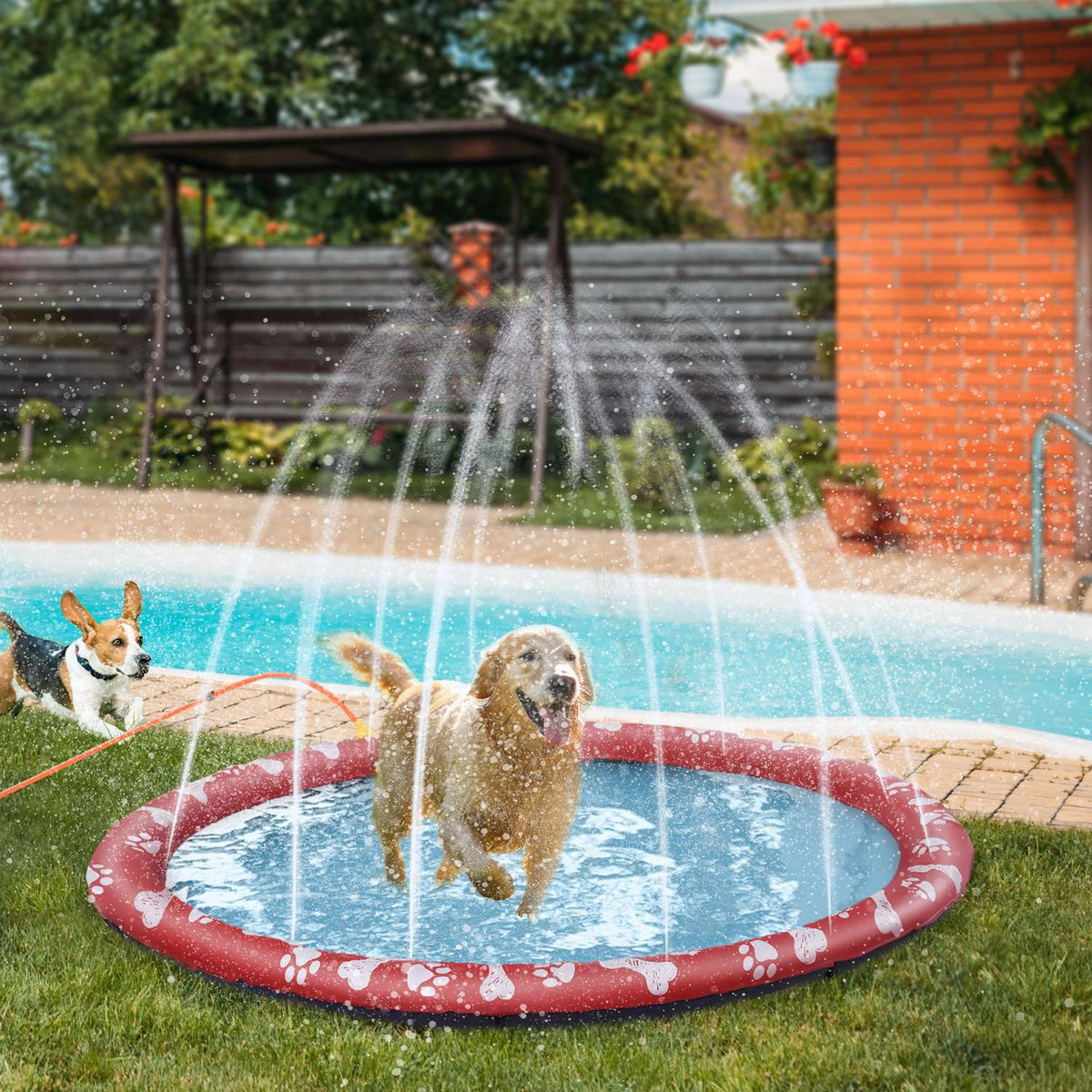 Dog pool for dogs, water mat, diameter 170 cm, dog paddling pool, splash water feature mat, non-slip, for garden, camping, red