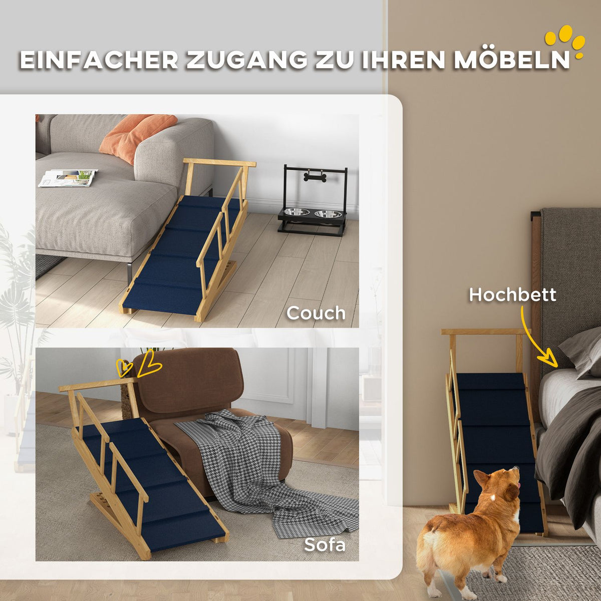 Dog ramp, foldable pet ramp with removable railings, non-slip dog entry aid, up to 40 kg, 85 x 40 x 78.5 cm, natural