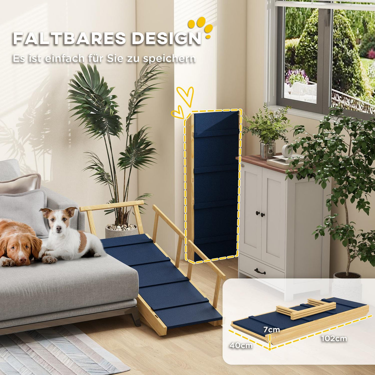 Dog ramp, foldable pet ramp with removable railings, non-slip dog entry aid, up to 40 kg, 85 x 40 x 78.5 cm, natural