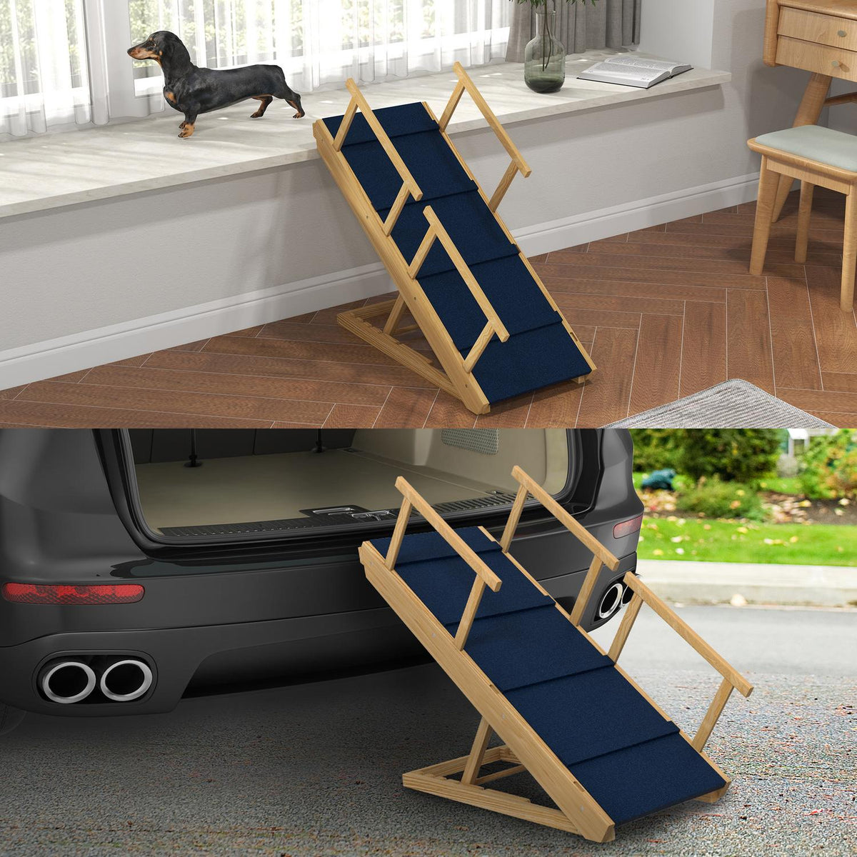 Dog ramp, foldable pet ramp with removable railings, non-slip dog entry aid, up to 40 kg, 85 x 40 x 78.5 cm, natural