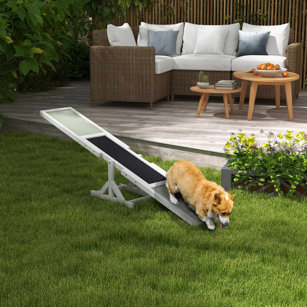 Dog seesaw, dog agility seesaw made of wood, non-slip dog agility ramp for dogs under 30 kg, for balance, 180 x 30 x 30 cm white