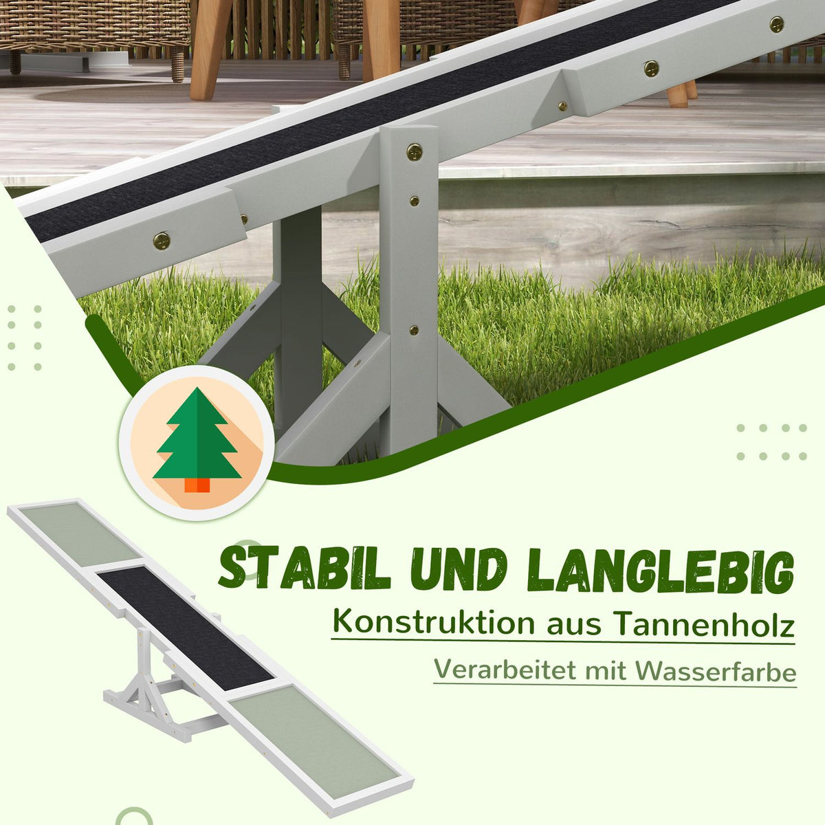 Dog seesaw, dog agility seesaw made of wood, non-slip dog agility ramp for dogs under 30 kg, for balance, 180 x 30 x 30 cm white