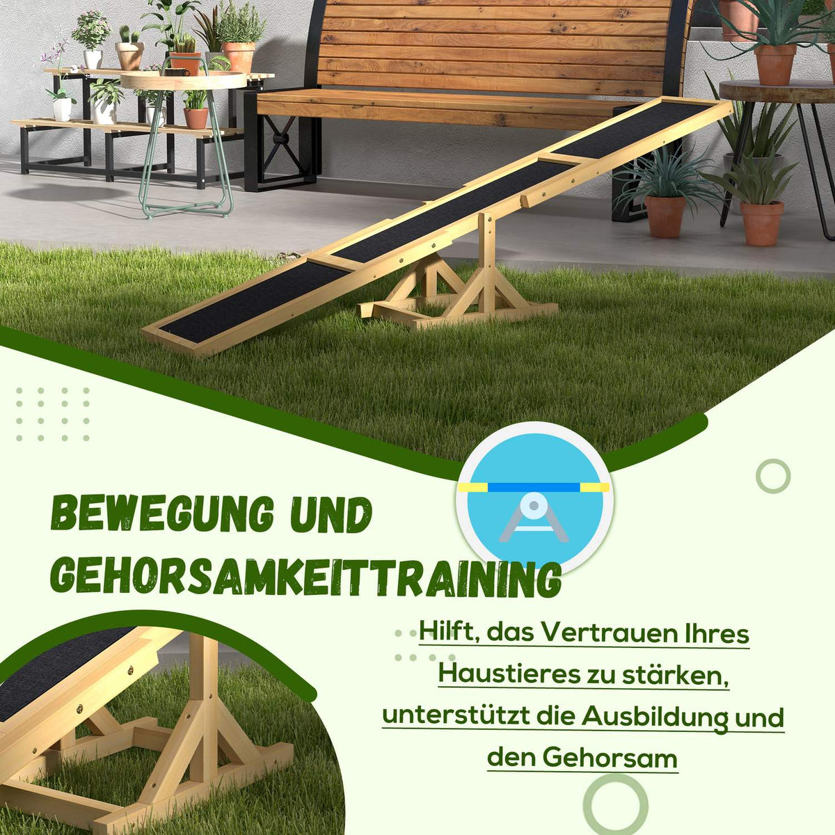 Dog seesaw, dog agility seesaw made of wood, non-slip dog agility ramp for dogs under 30 kg, for balance, 180 x 30 x 30 cm yellow