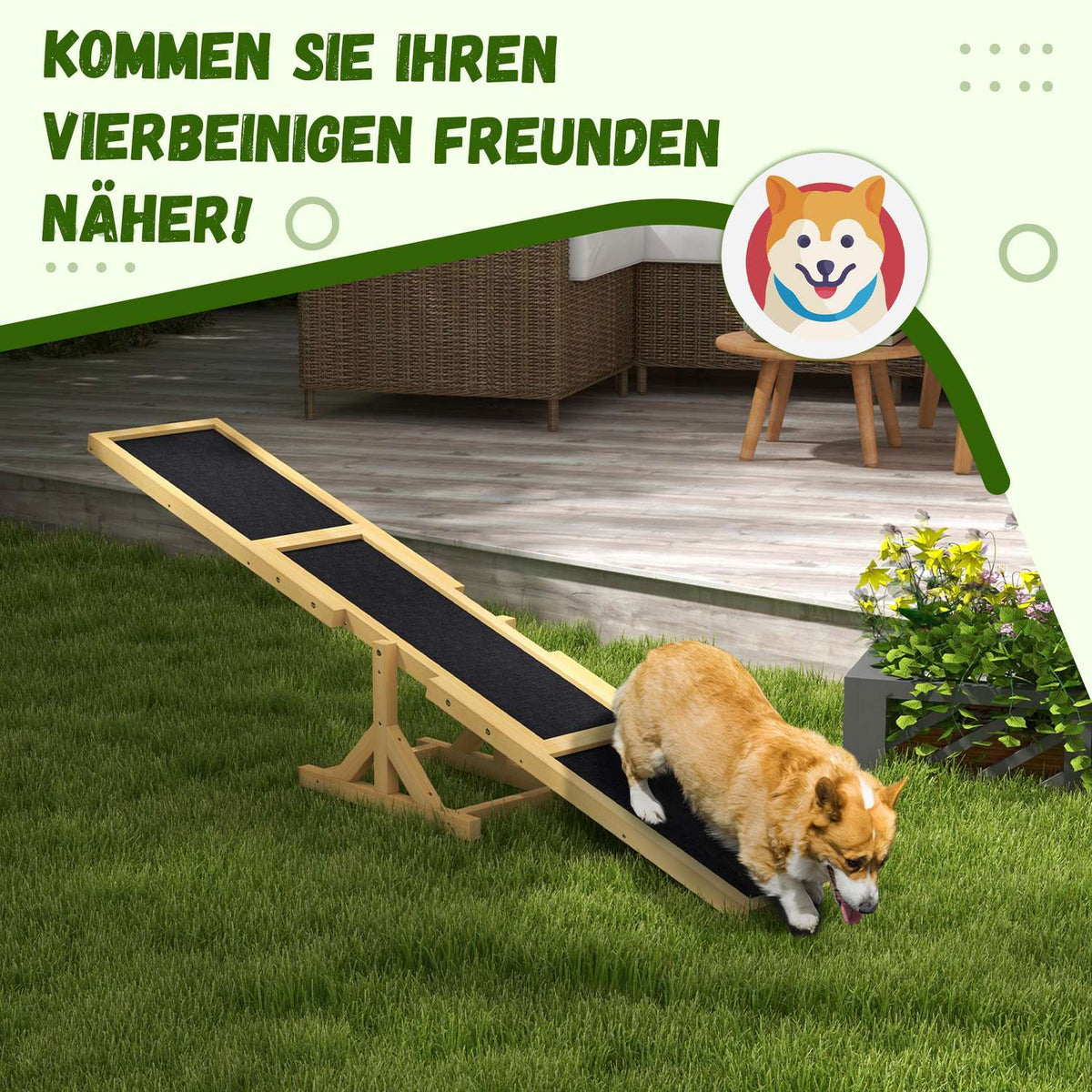 Dog seesaw, dog agility seesaw made of wood, non-slip dog agility ramp for dogs under 30 kg, for balance, 180 x 30 x 30 cm yellow