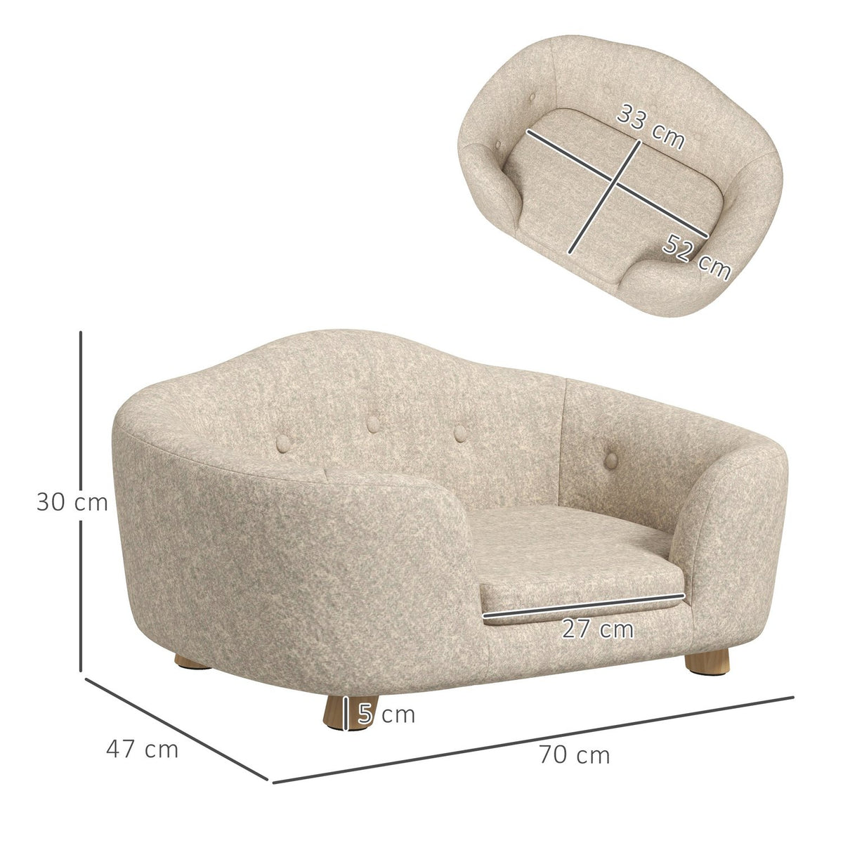 Dog sofa back pocket plush cover with cushion, cat bed, suitable for small dogs, pine, 70 x 47 x 30 cm, cream white