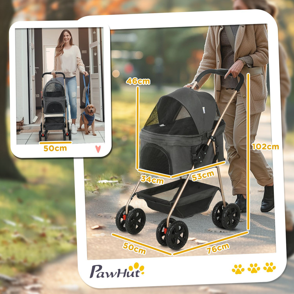 Dog stroller 3 in 1 dog buggy foldable dog box, foldable transport bag with drink holder, dog buggy, cat stroller with 360° wheels cat buggy for mini dogs under 4 kg, gray