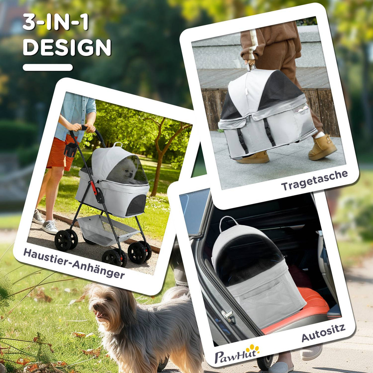 Dog stroller 3 in 1 dog buggy foldable dog box, foldable transport bag with drink holder, dog buggy, cat stroller with 360° wheels cat buggy for mini dogs under 4 kg, light gray