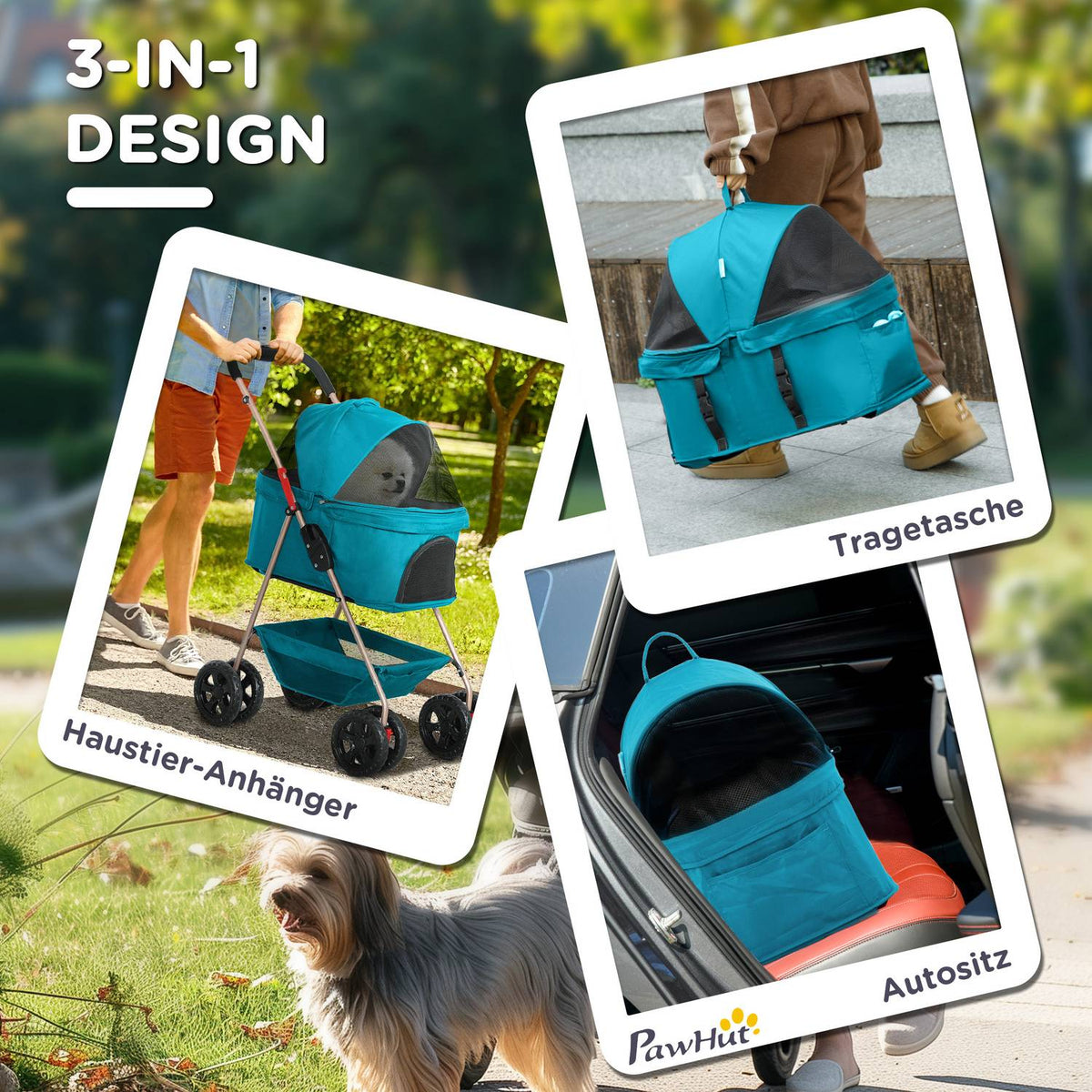 Dog stroller 3 in 1 dog buggy foldable dog box, foldable transport bag with drink holder, dog buggy, cat stroller with 360° wheels cat buggy for mini dogs under 4 kg, turquoise