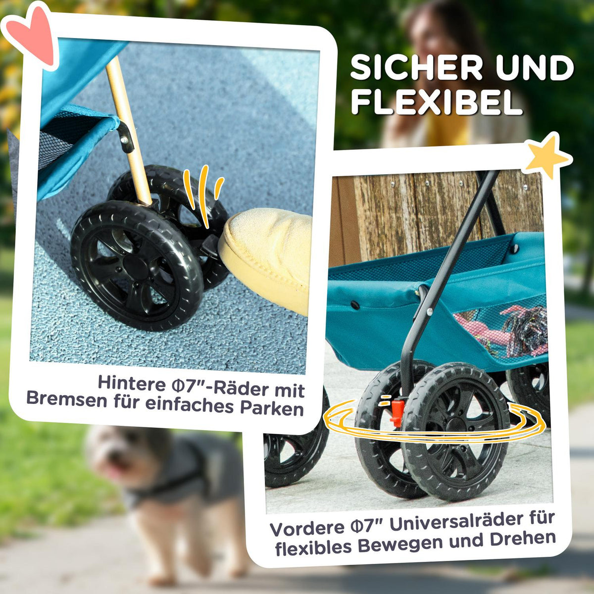 Dog stroller 3 in 1 dog buggy foldable dog box, foldable transport bag with drink holder, dog buggy, cat stroller with 360° wheels cat buggy for mini dogs under 4 kg, turquoise