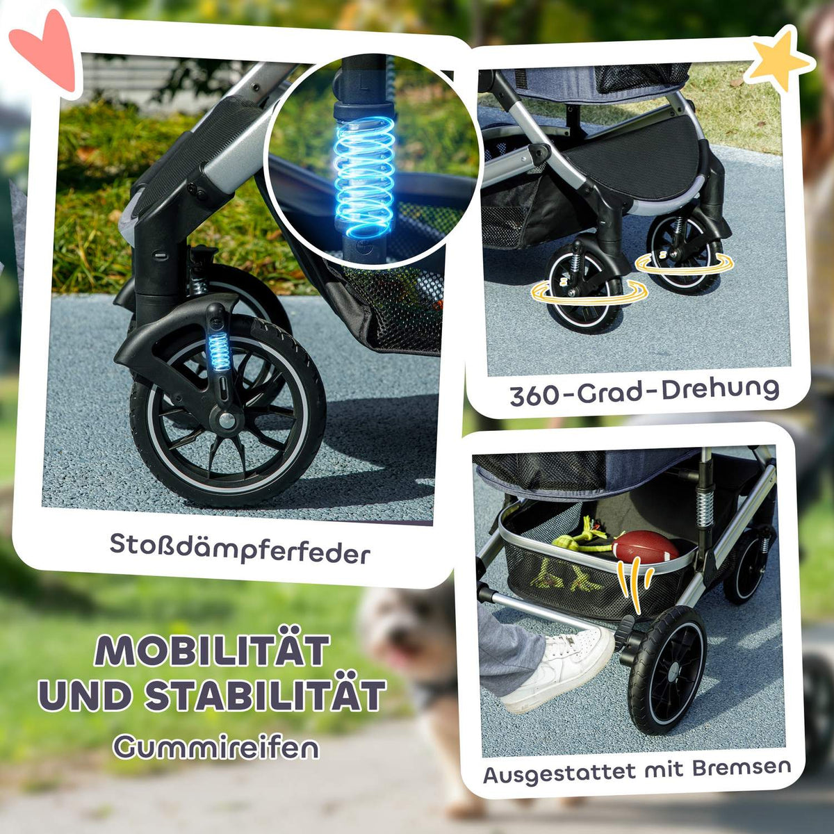 Dog stroller 3 in 1 dog buggy foldable for dogs & cats up to 10 kg cat buggy with cushion cup holder mesh windows doors storage basket cat stroller buggy dark blue