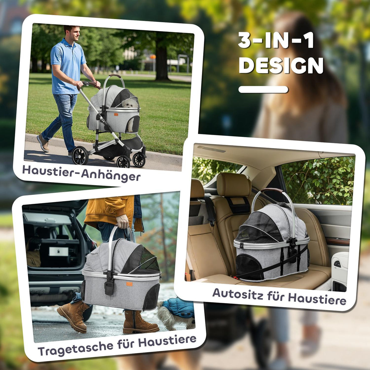 Dog stroller 3 in 1 dog buggy foldable for dogs & cats up to 10 kg cat buggy with cushion cup holder mesh windows doors storage basket cat stroller buggy light gray