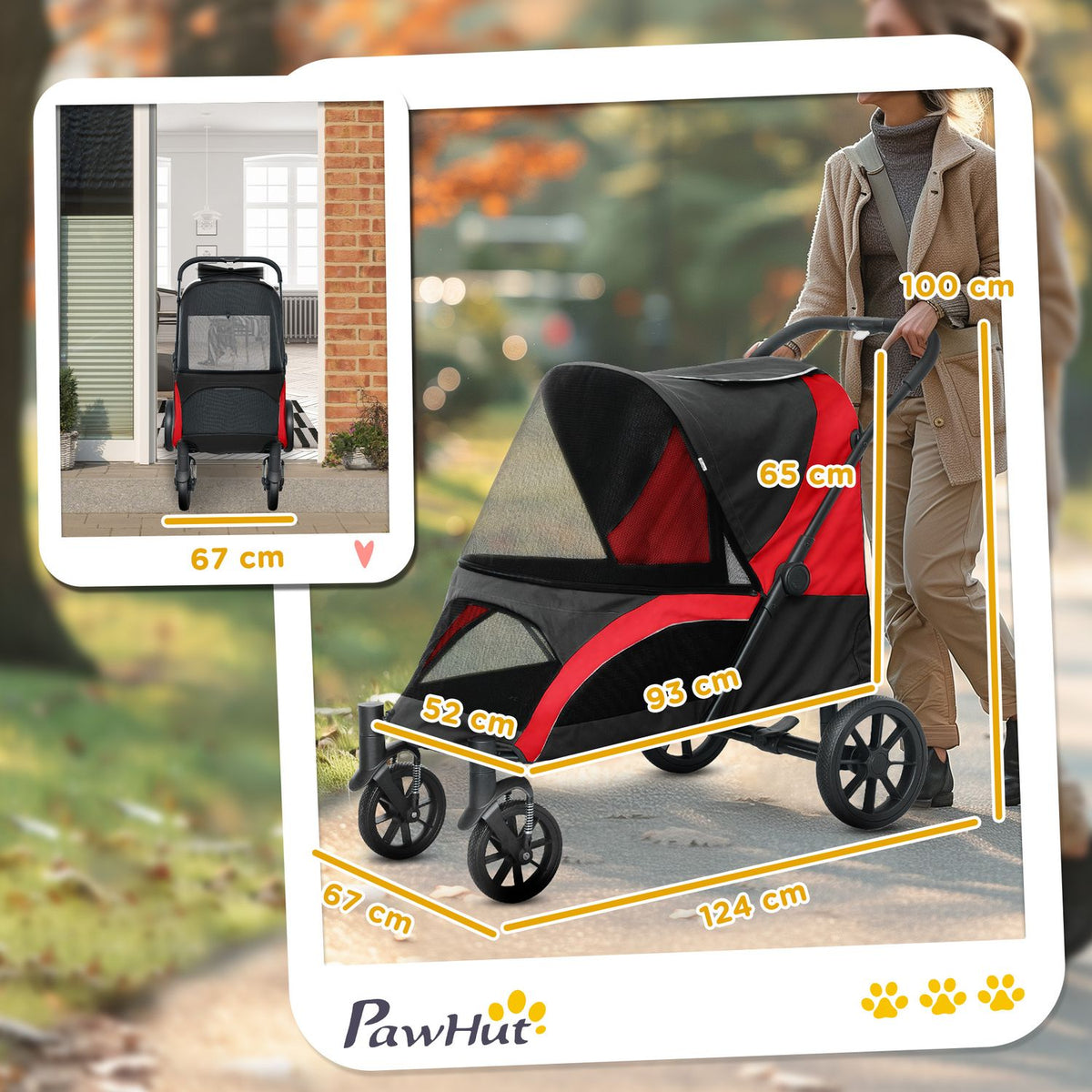 Dog stroller dog buggy foldable for large dogs & cats up to 30 kg cat buggy with cushions mesh windows doors storage bag cat stroller with safety lines, brakes, buggy black
