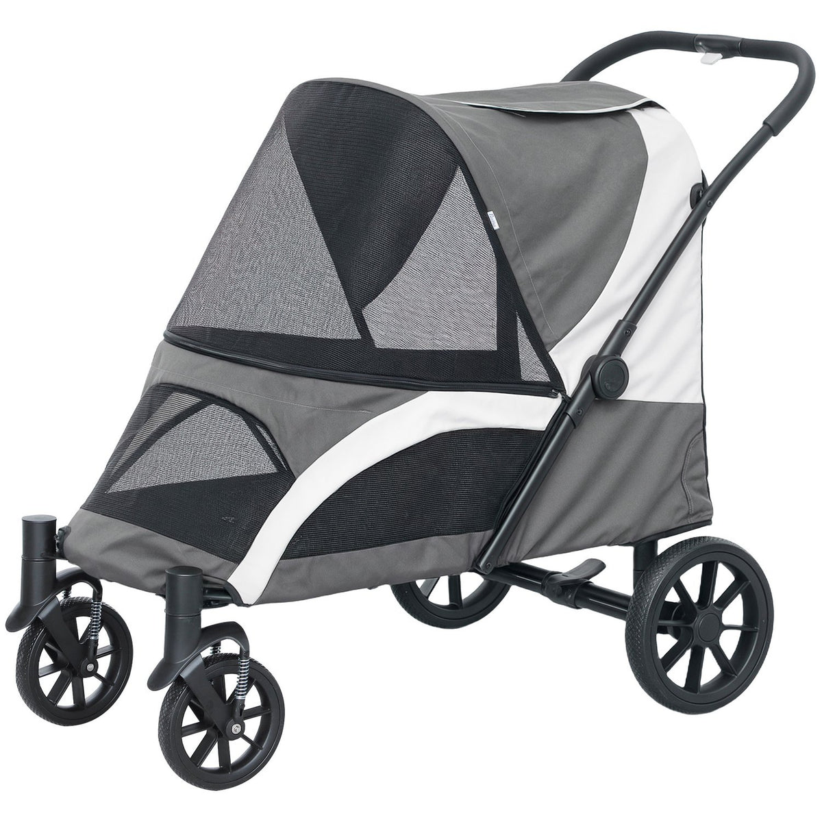 Dog stroller dog buggy foldable for large dogs & cats up to 30 kg cat buggy with cushions mesh windows doors storage bag cat stroller with safety lines, brakes, buggy dark gray