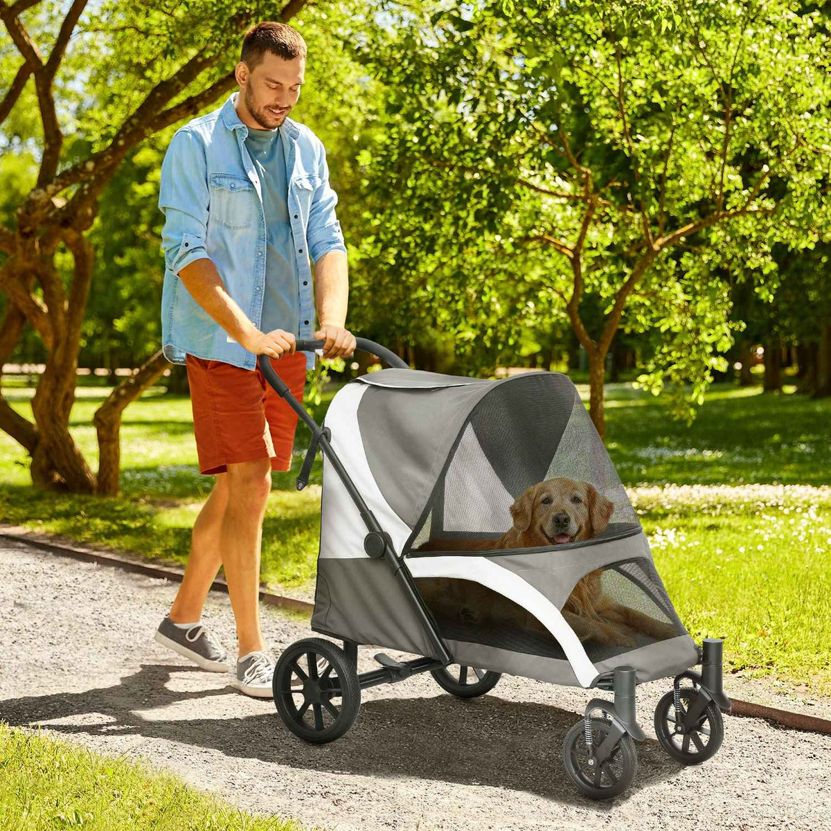 Dog stroller dog buggy foldable for large dogs & cats up to 30 kg cat buggy with cushions mesh windows doors storage bag cat stroller with safety lines, brakes, buggy dark gray