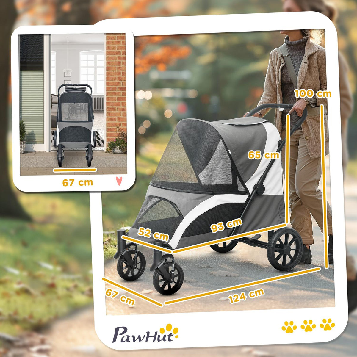 Dog stroller dog buggy foldable for large dogs & cats up to 30 kg cat buggy with cushions mesh windows doors storage bag cat stroller with safety lines, brakes, buggy dark gray